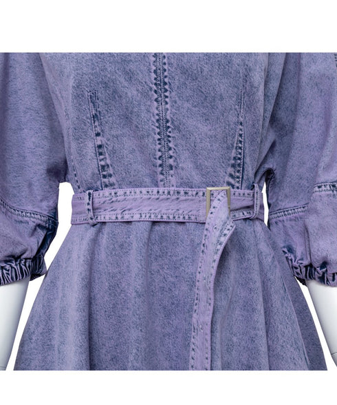 Washed Denim Belted Flare Dress